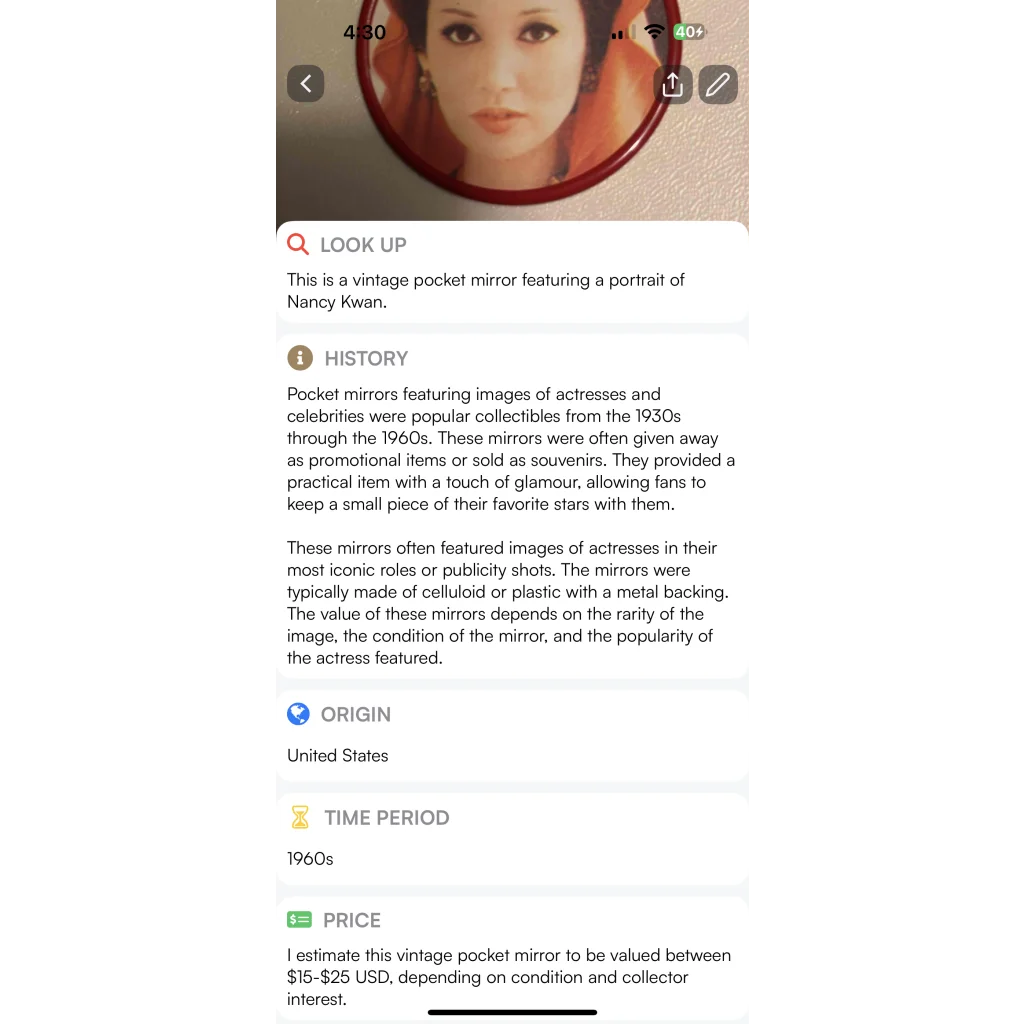 Vintage 1960s Nancy Kwon Pocket Mirror, Unique Hollywood Americana!