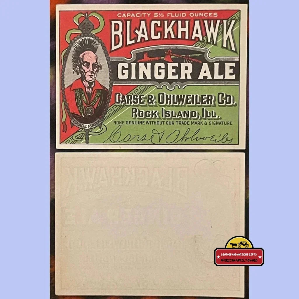 Rare Antique Vintage Blackhawk Ginger Ale Label From the Roaring 20s