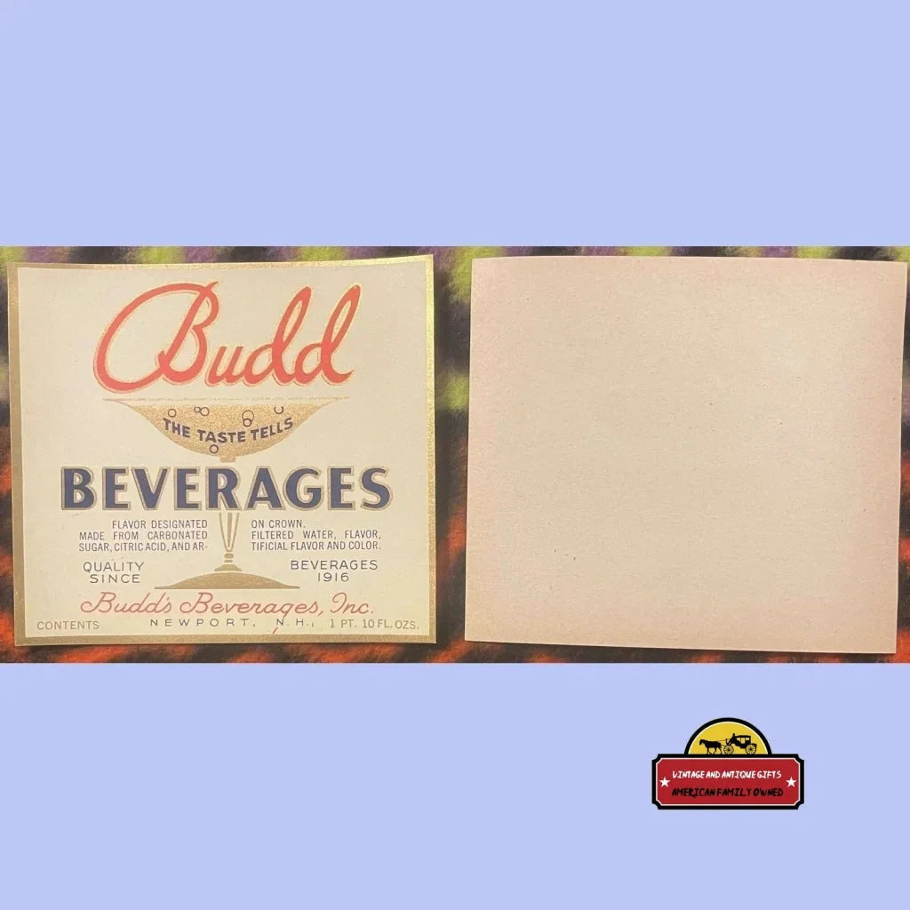 Rare Antique Vintage Budd Beverages Label from 1920s Newport