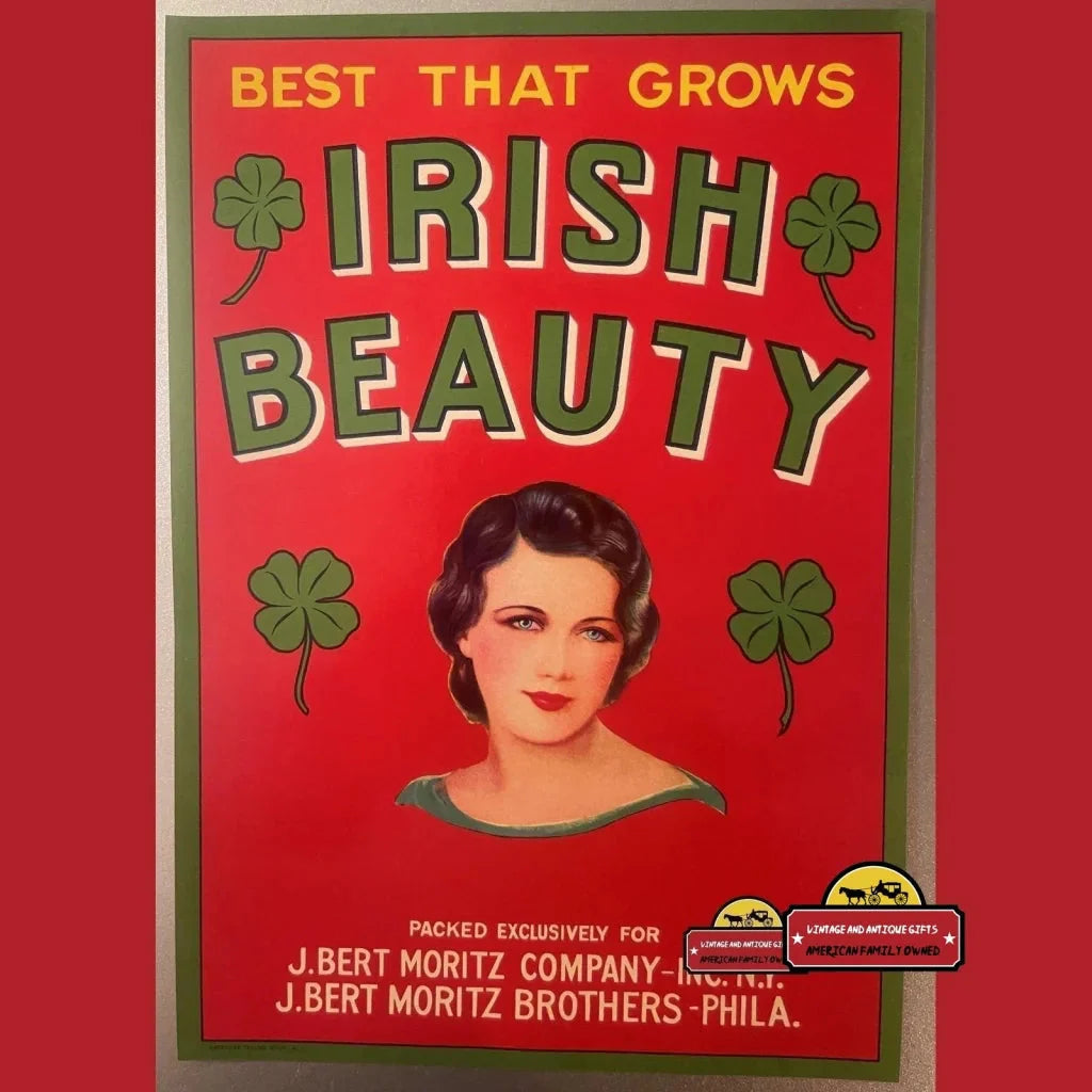 Rare Antique Vintage Irish Beauty Crate Label from 1940s Moritz Bros