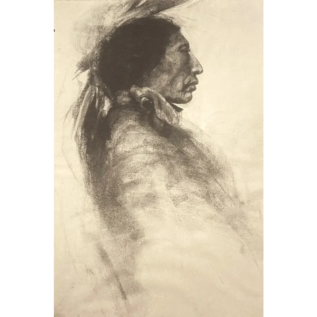 Rare Large Vintage 1960s Joseph Long Elk Charcoal Print, N.C. Wyeth, Linen Paper!