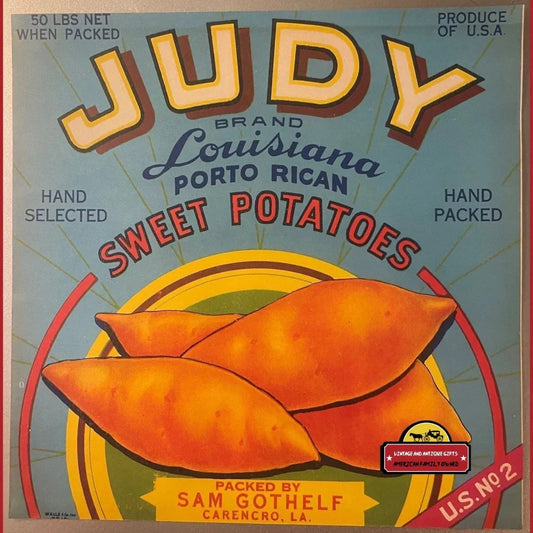 Rare Antique Vintage Judy Sweet Potatoes Crate Label from 1930s Louisiana