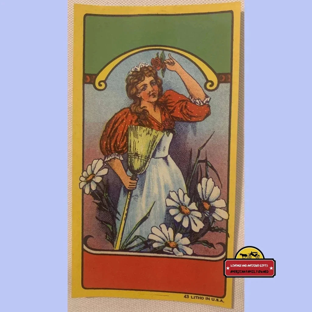 Enchanting Antique Vintage Broom Label with Floral Lady