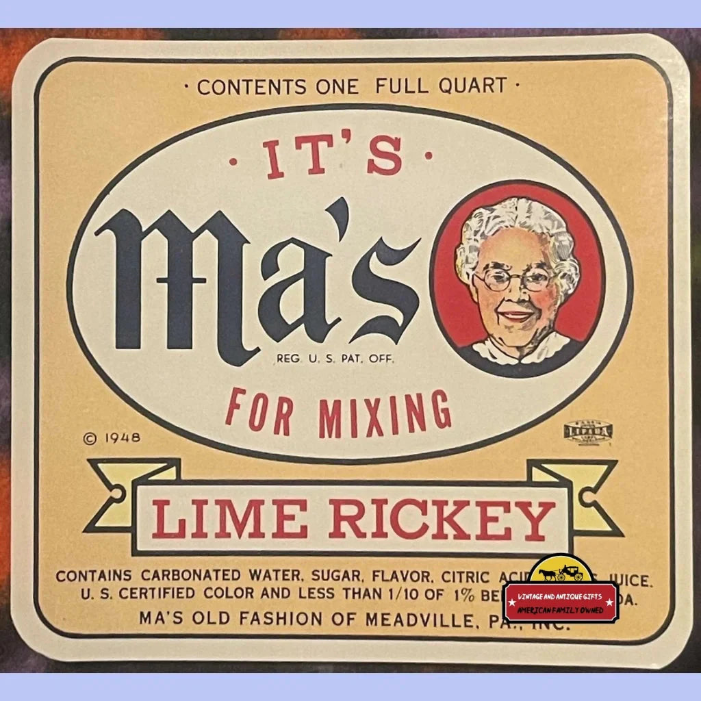 Rare Antique Vintage Ma's Lime Rickey Label from 1940s Meadville