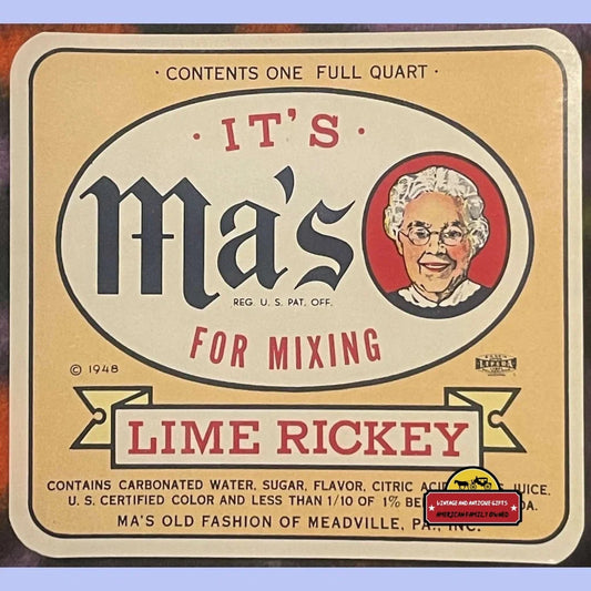 Rare Antique Vintage Ma's Lime Rickey Label from 1940s Meadville
