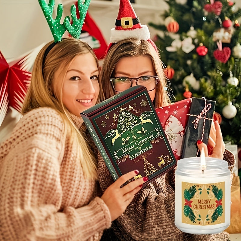 Christmas Themed Scented Candle in Glass Jar, Lavender Soy-Beeswax Blend, 3.5 oz, Hand-Poured with Single Wick, Ideal for Holiday Decor, Christmas Gifting, Festive Ambience & Home Aromatherapy - Comes with Bow Embellishment