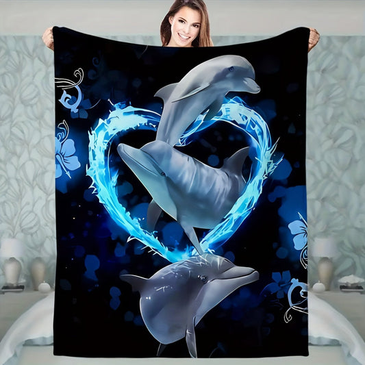 1pc Contemporary Reversible Flannel Blanket, 3D Digital Printed Blue Dolphin Design, All-Season Multipurpose Knitted Polyester Throw for Sofa, Room, Camping, Beach, Party, Office Break - 200-250gsm