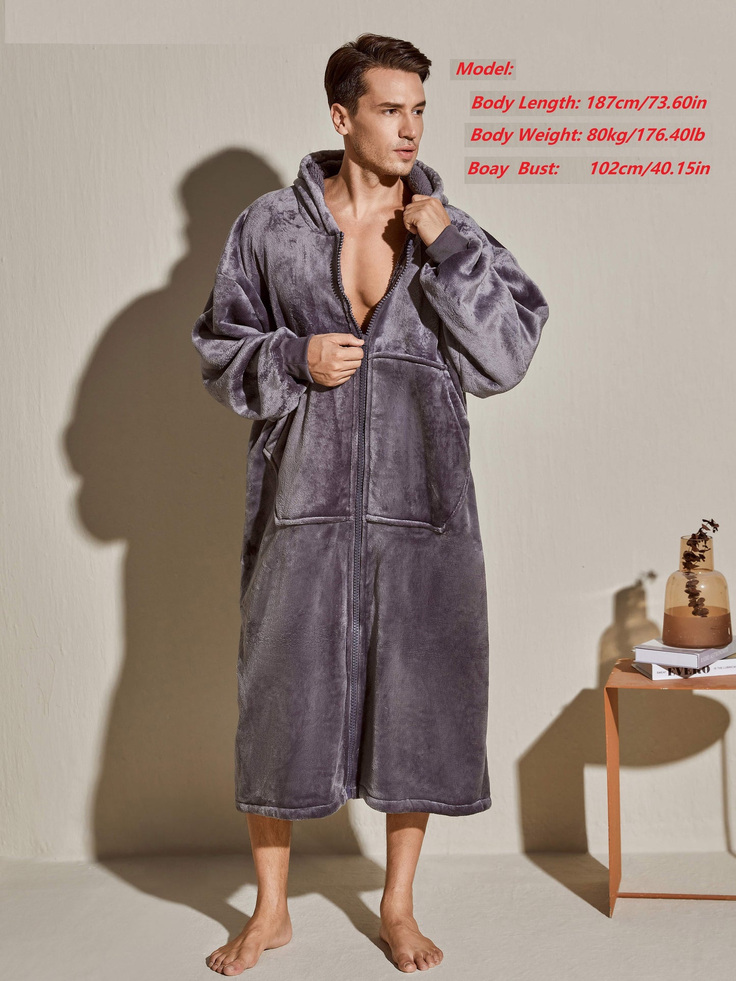 Men's Oversized Warm And Comfortable Flannel Blanket Robe, Long Sleeve Zipper Hoodie Sweatshirt Hooded Sleep Robe With Deep Pocket Pajamas Loungewear Robe For Autumn Winter