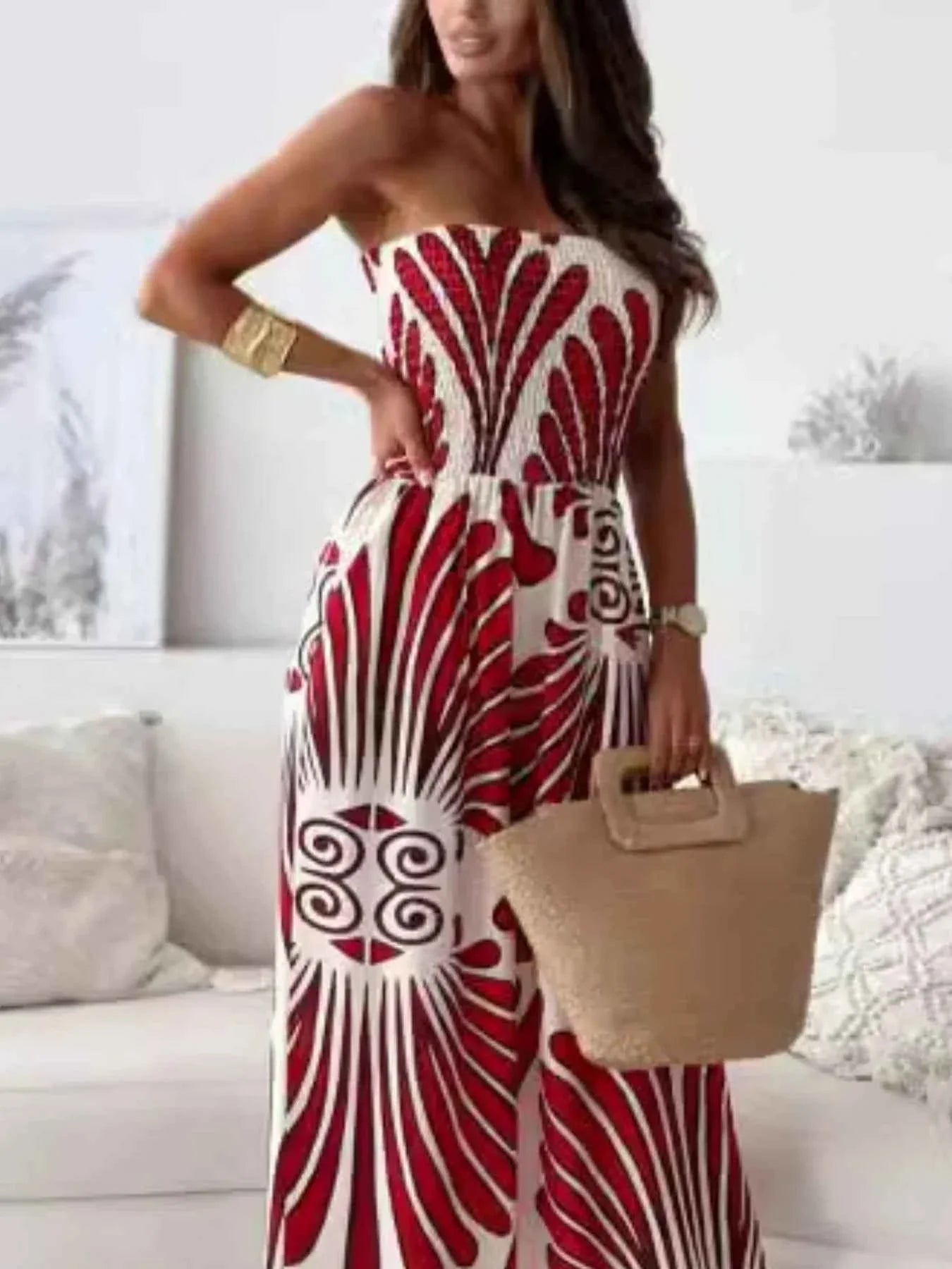 Printed Smocked : Tube Wide Leg Jumpsuit