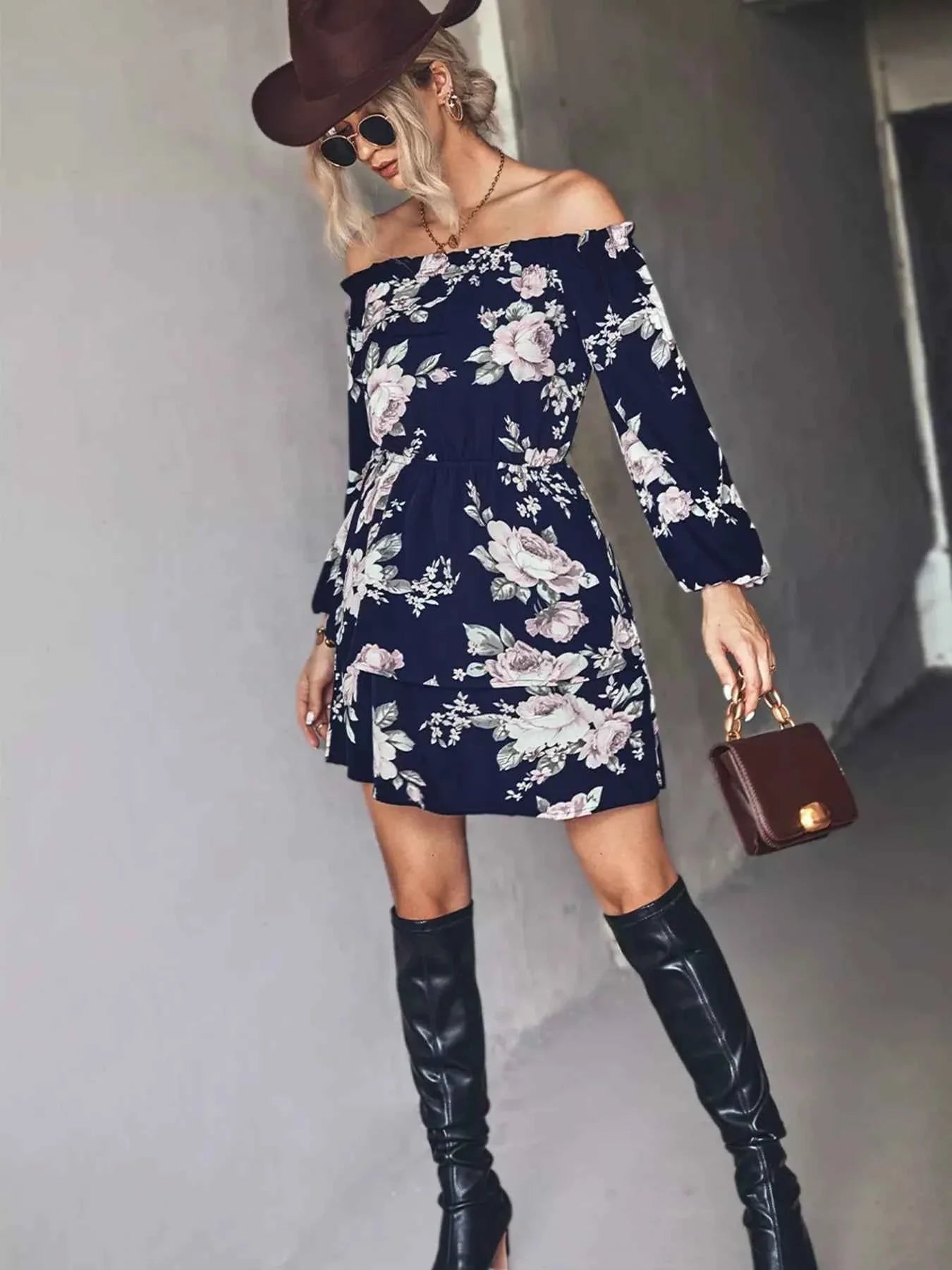 Off-Shoulder Floral Print : Long Sleeve Mini Dress