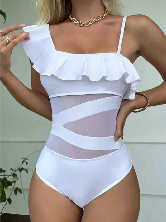 White Asymmetrical Ruffled : One-Piece Swimwear
