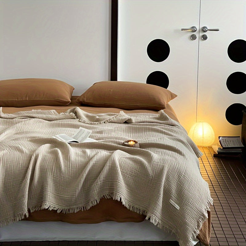 1pc Cotton Crinkle Tassel Blanket Solid Color Nap Blanket Leisure Travel Sofa Bed Blanket