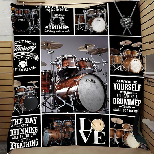 1pc Drum Set Themed Fleece Blanket, Musical Passion Gift, Soft Cozy Music Lover Throw, Bedroom & Living Room Decor, Drummer Inspirational Quotes, Black & White
