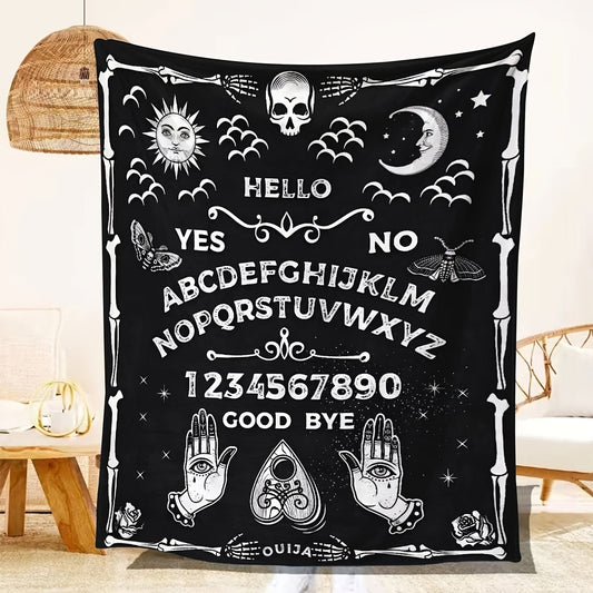 1pc Halloween Blanket Black Gothic Spooky Goth Palmistry Witchy Boho Sun Moon Star Horror Skull Cool Mysterious Throw Blanket For Living Room & Bedroom, Home Decor, Travel