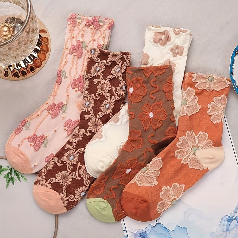 5 Pairs Floral Print Socks, Comfy & Breathable Mid Tube Socks, Women's Stockings & Hosiery