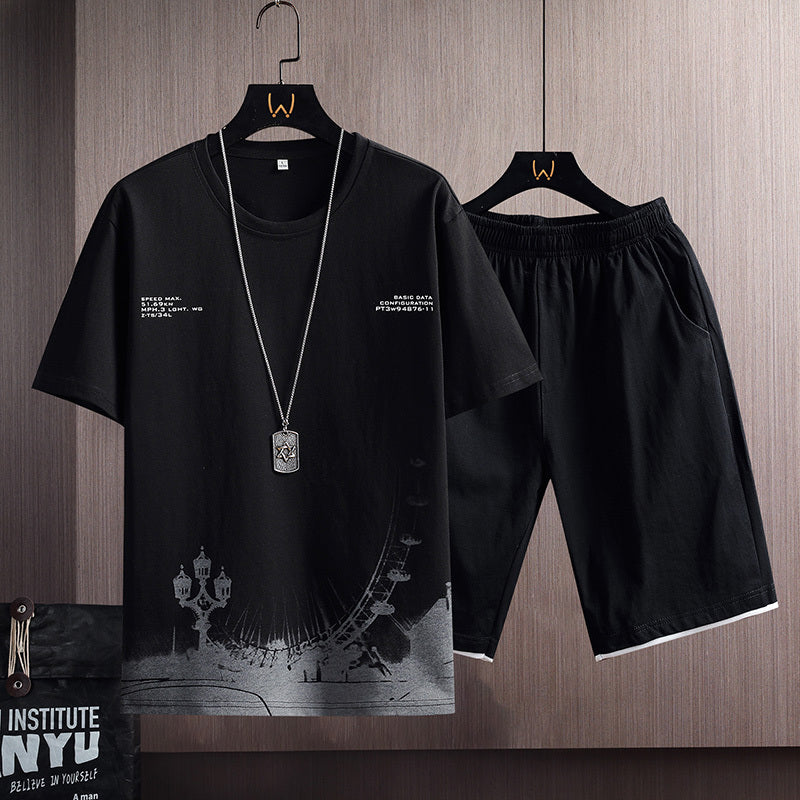 New Cotton Men's Casual Sports Loose Shorts Round Neck T-shirt Suit