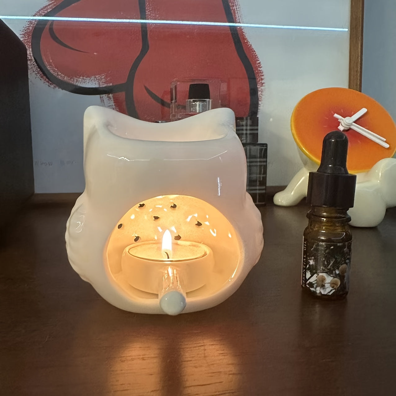 1 Owl Aromatherapy Burner, (With Candle Holder) (Candles And Aromatherapy Oils Not Included) Creative Aromatherapy Burner, Essential Oil Lamp Burner, Scented Candle Burner, Halloween, Christmas, Thanksgiving Tabletop Decorati
