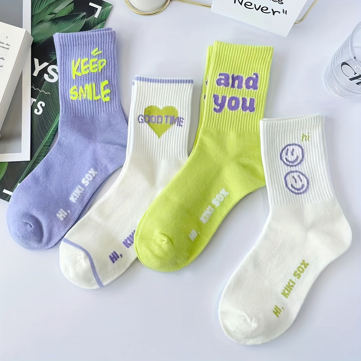 4 Pairs Fashionable Letter Graphic Socks - Womens Athletic Mid-Calf Stockings - Soft, Breathable & Trendy Designs for Everyday Wear