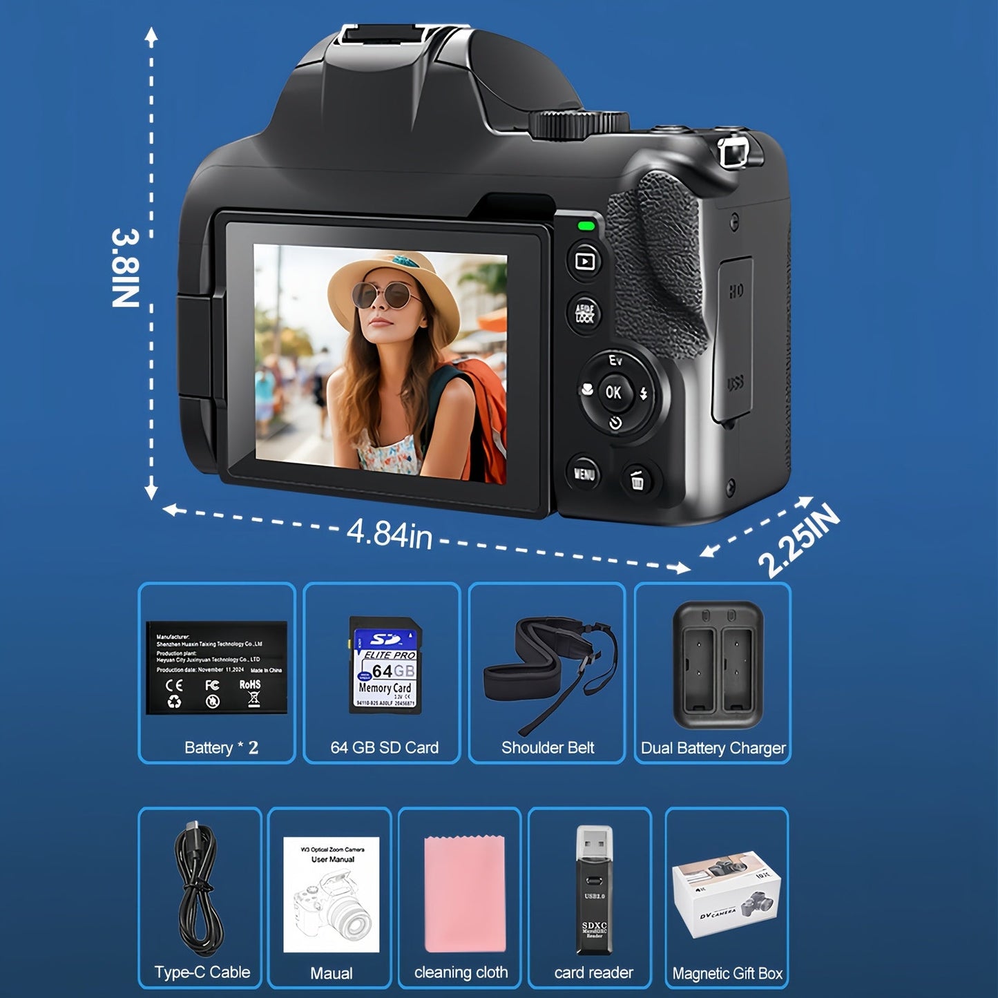 Cameras for Photography, 12X Optical Zoom 4K Digital Camera, 72MP Vlogging Camera with 270° Flip Screen, Battery, Battery Charger, 64GB SD Card, Card Reader