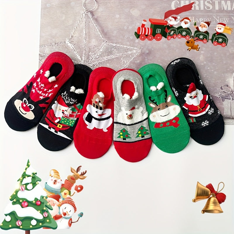 6 Pairs Christmas Cartoon Print Socks, Soft & Comfy Low Cut Ankle Socks, Women's Stockings & Hosiery