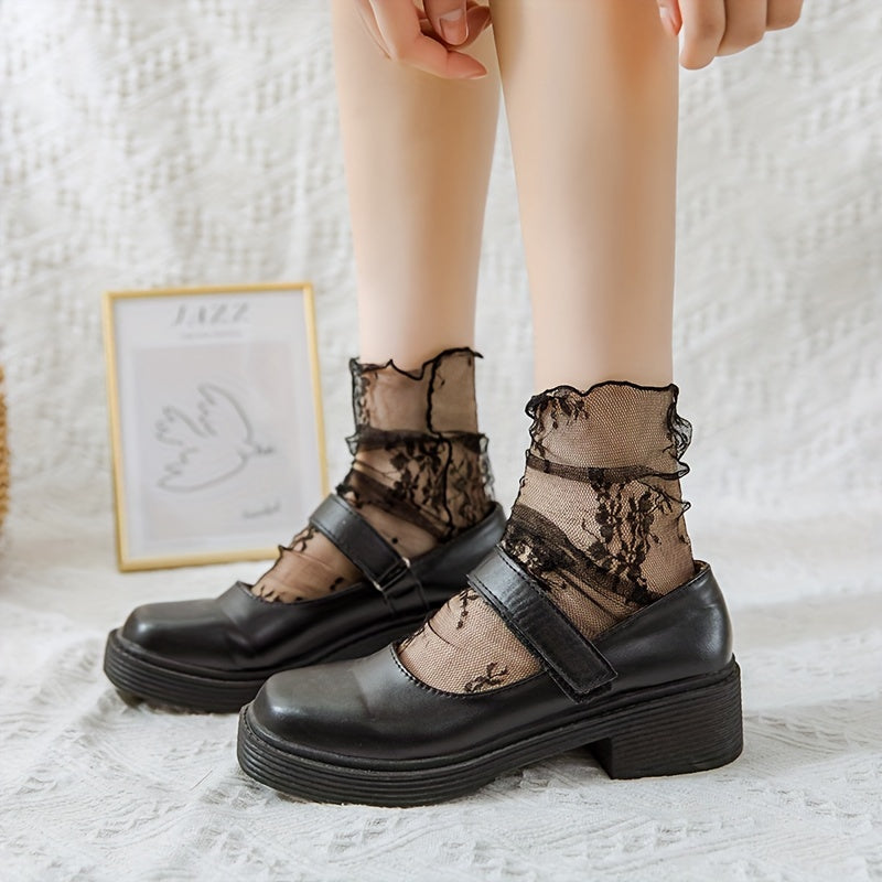 1 Pair Floral Lace Mesh Socks, Thin Sheer Retro Style Mid Tube Socks, Women's Stockings & Hosiery