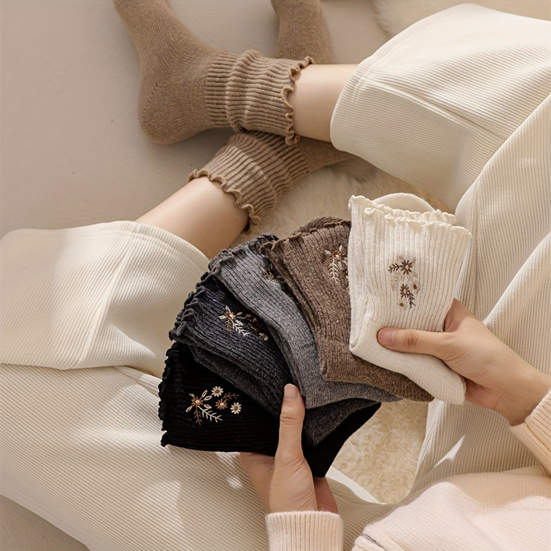 6 Pairs Floral Embroidery Socks, Comfy & Soft Lettuce Trim Socks, Women's Stockings & Hosiery
