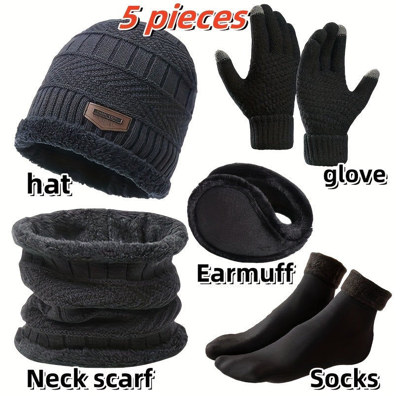 5pcs Winter Warmth Kit: Men's Sporty Knit Beanie, Faux Fur Earflaps, Non-Slip Socks & Gloves - Ultimate Cold Weather Gear Set for Outdoor Adventures - Premium  from Lizard Vigilante - Just $11.99! Shop now at Lizard Vigilante