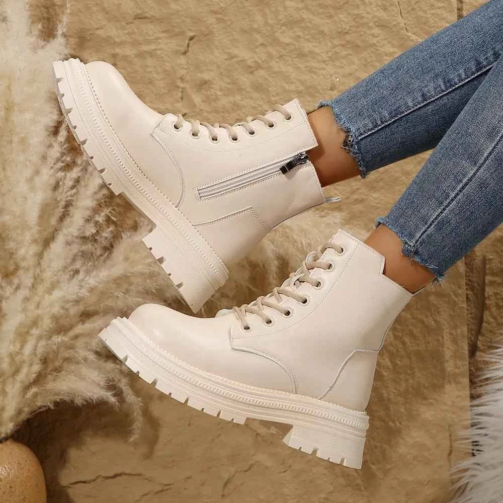 Stylish Lace Up Platform Boots : Side Zip