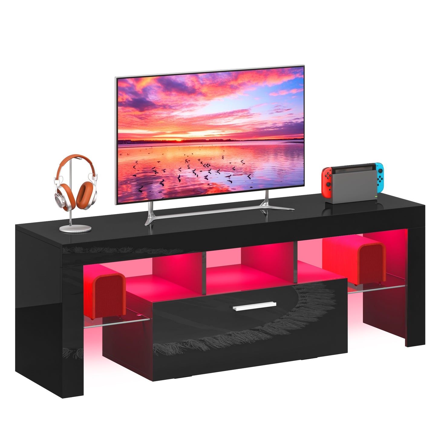 High-Gloss LED TV Stand – Modern Media Console for 55” to 80” TVs, with Storage Drawers, USB-Powered LED Lights, Available in White or Black - Premium  from Lizard Vigilante - Just $214.99! Shop now at Lizard Vigilante