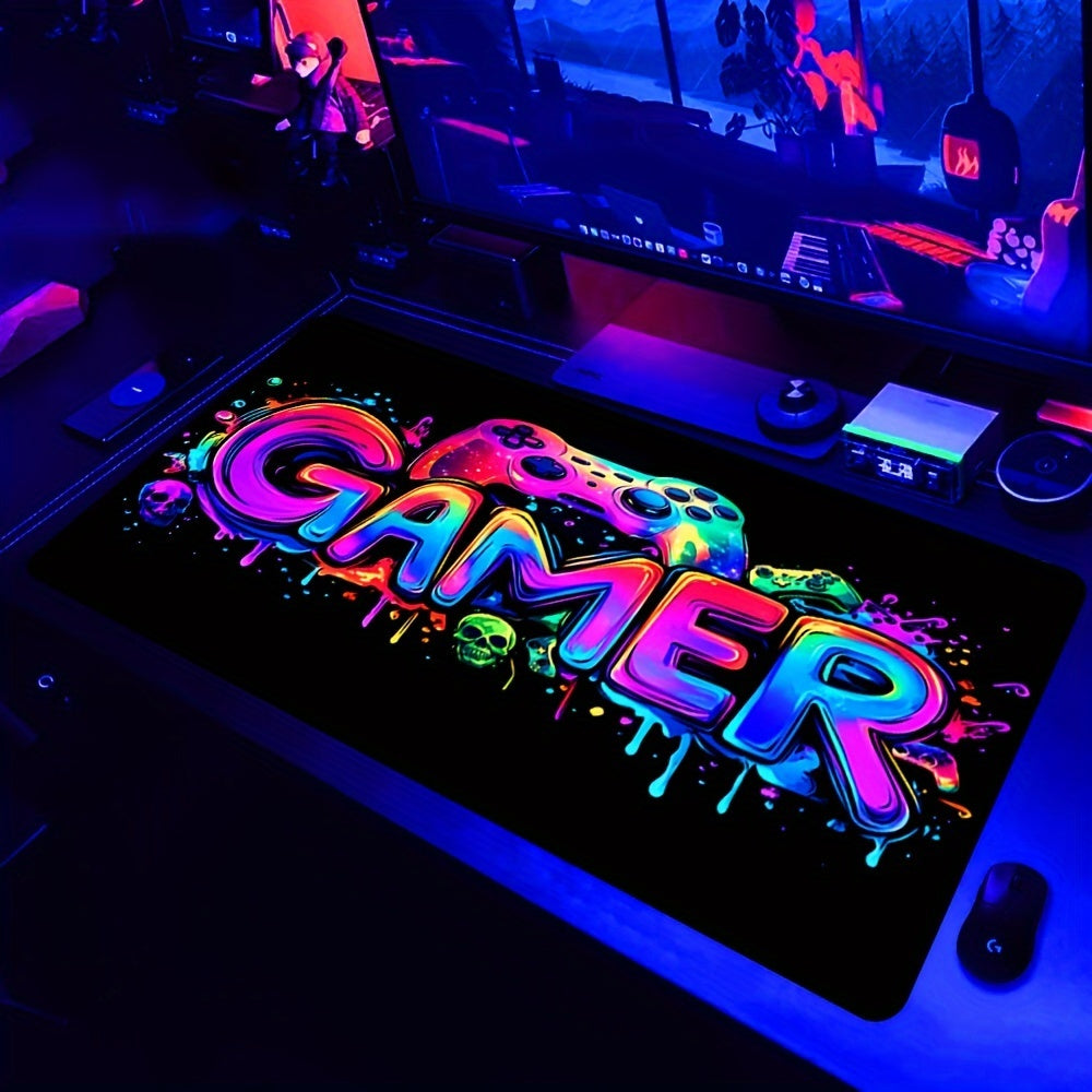 Extra-Large Gaming Mouse Pad with UV Black Light Feature - Non-Slip, Washable Rubber Base, Game Console Design Desk Mat for Gamers and Office Use