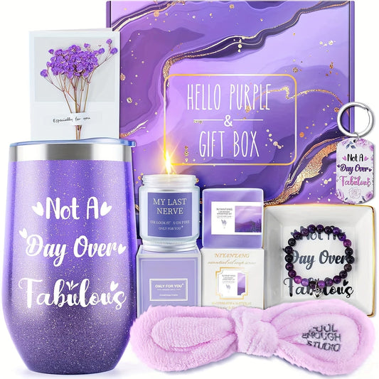 1set Purple Spa & Self-Care Gift Set for Women - Tumbler, Scented Candle, Bath Soap, Beaded Bracelet, Keychain, Jewelry Tray & Greeting Card - Ideal for Birthday, Anniversary, Retirement, Christmas, Get Well - No Electricity