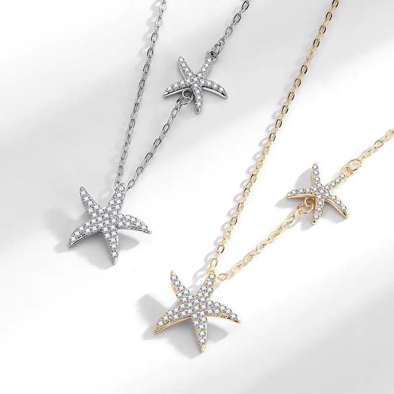 Double Starfish Full Diamond Necklace Female Fashion Special-interest