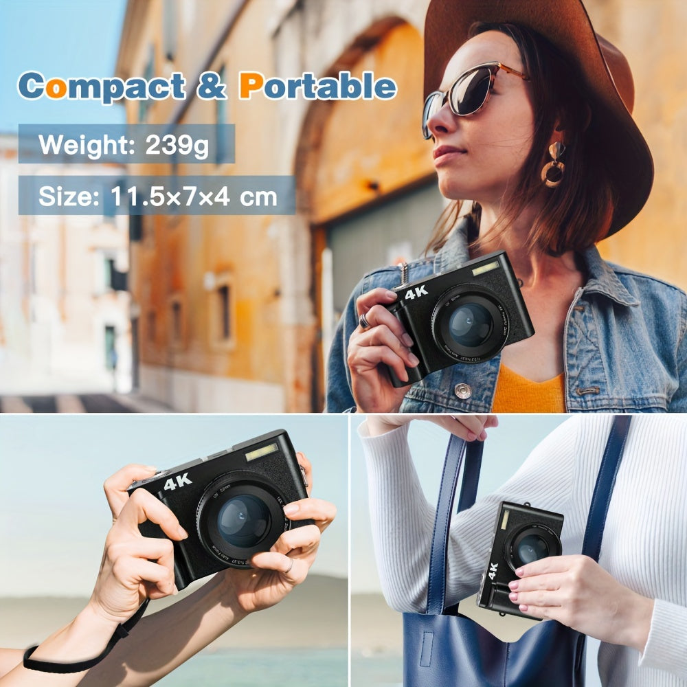 "4K Digital Camera with 48MP, 3"" Flip Screen, Autofocus, Anti-Shake, 16x Zoom for Photography and Video"