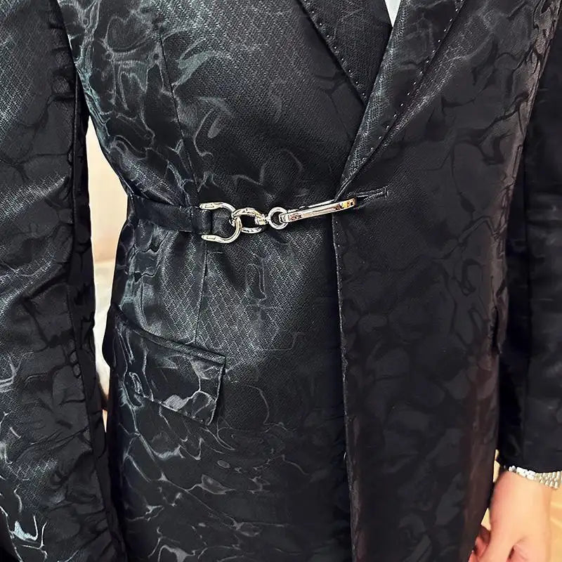 Vintage Pattern Men's Casual Suit Metal Hook Placket Closure Collar Leather Texture Suit