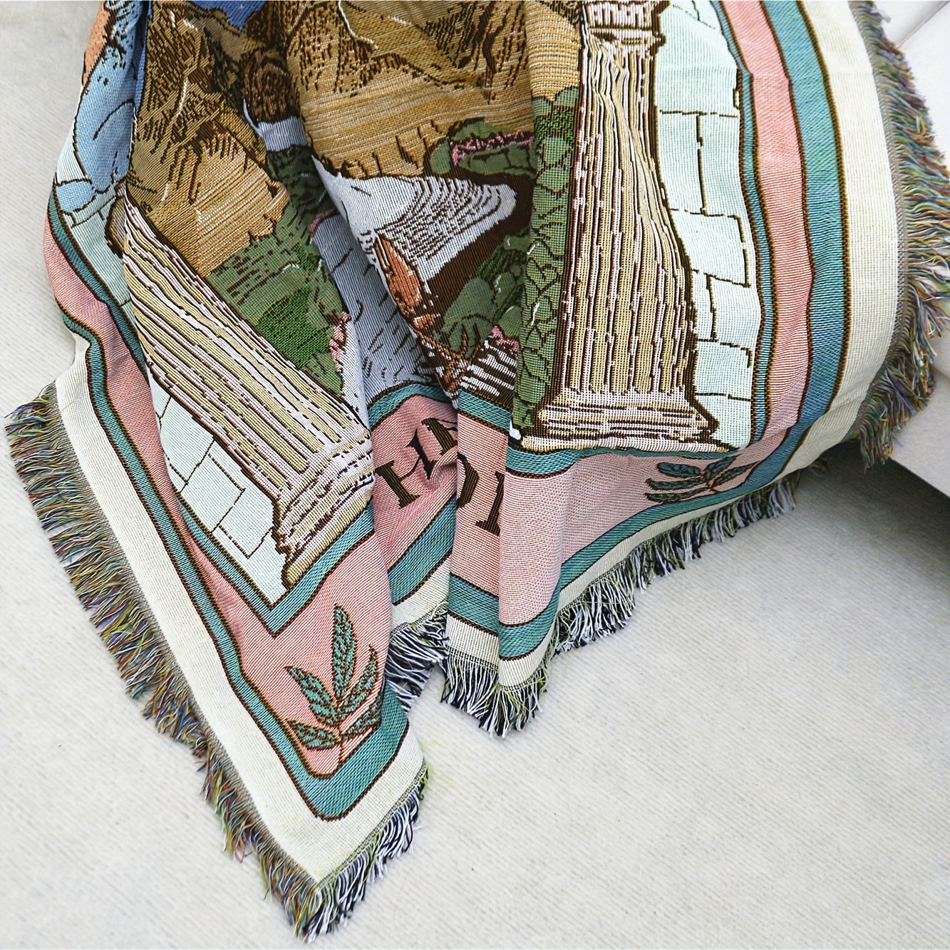 1pc Bohemian Knitted Tassel Blanket - Polyester Blend, Machine Washable, Square, Stain Resistant, Lightweight, Versatile for Indoor, Outdoor, Camping - The Moon Design Rug