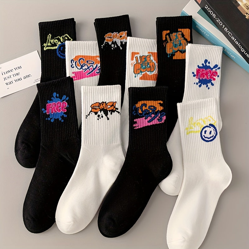 3/6/8/10/12 Pairs Of Medium Length Socks With Graffiti And Spray Painting For Personalized Fashion, Comfort, And Durability