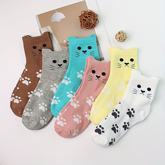 6pcs Cute Cartoon Cat & Paw Print Mid-Calf Socks for Women - Soft Polyester Blend, Machine Washable, Short Socks