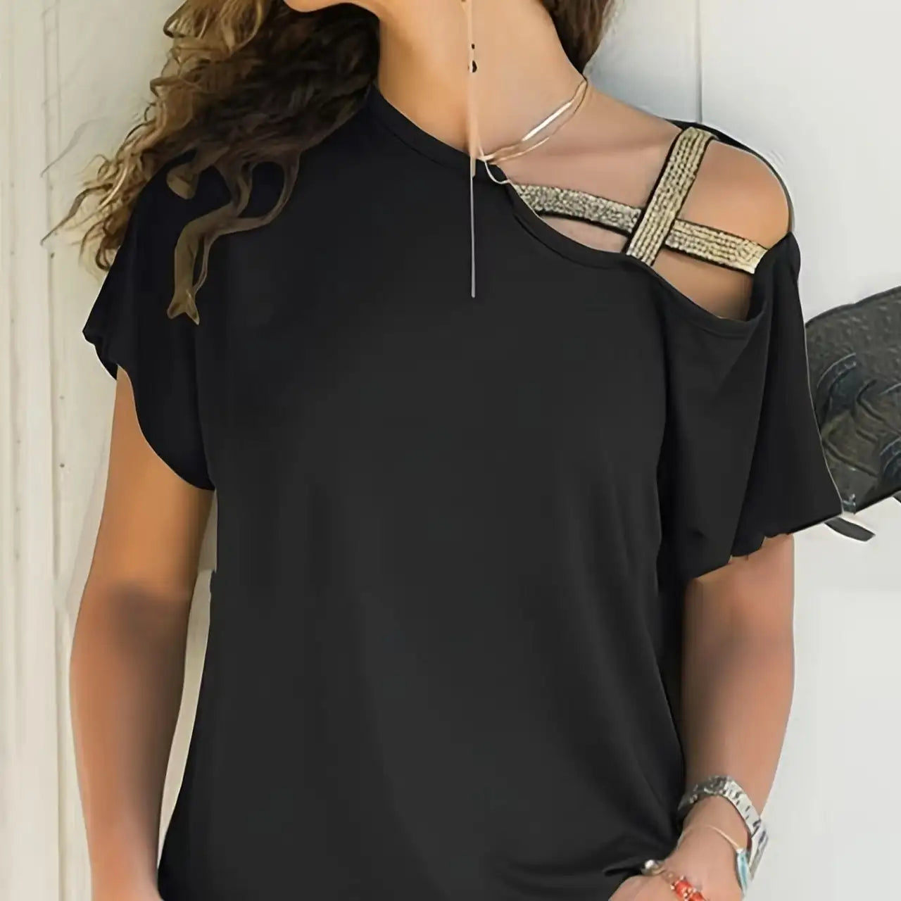 Women's Sequined Gold Shoulder Strap Off Shoulder Cross Off Shoulder Short Sleeved Tie Up T-shirt Top Shirt