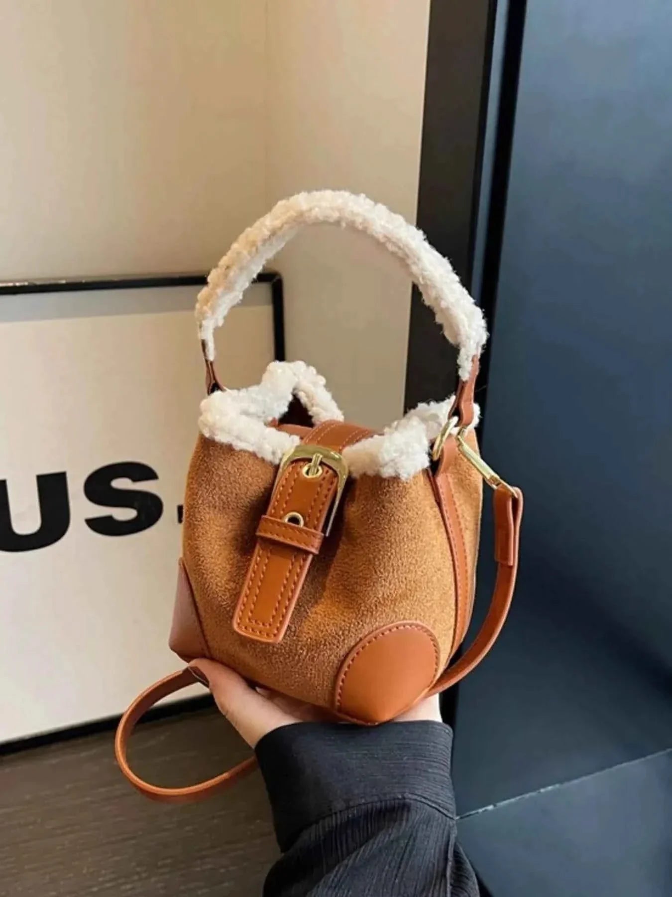 Fuzzy Trim Bucket : Crossbody Bag
