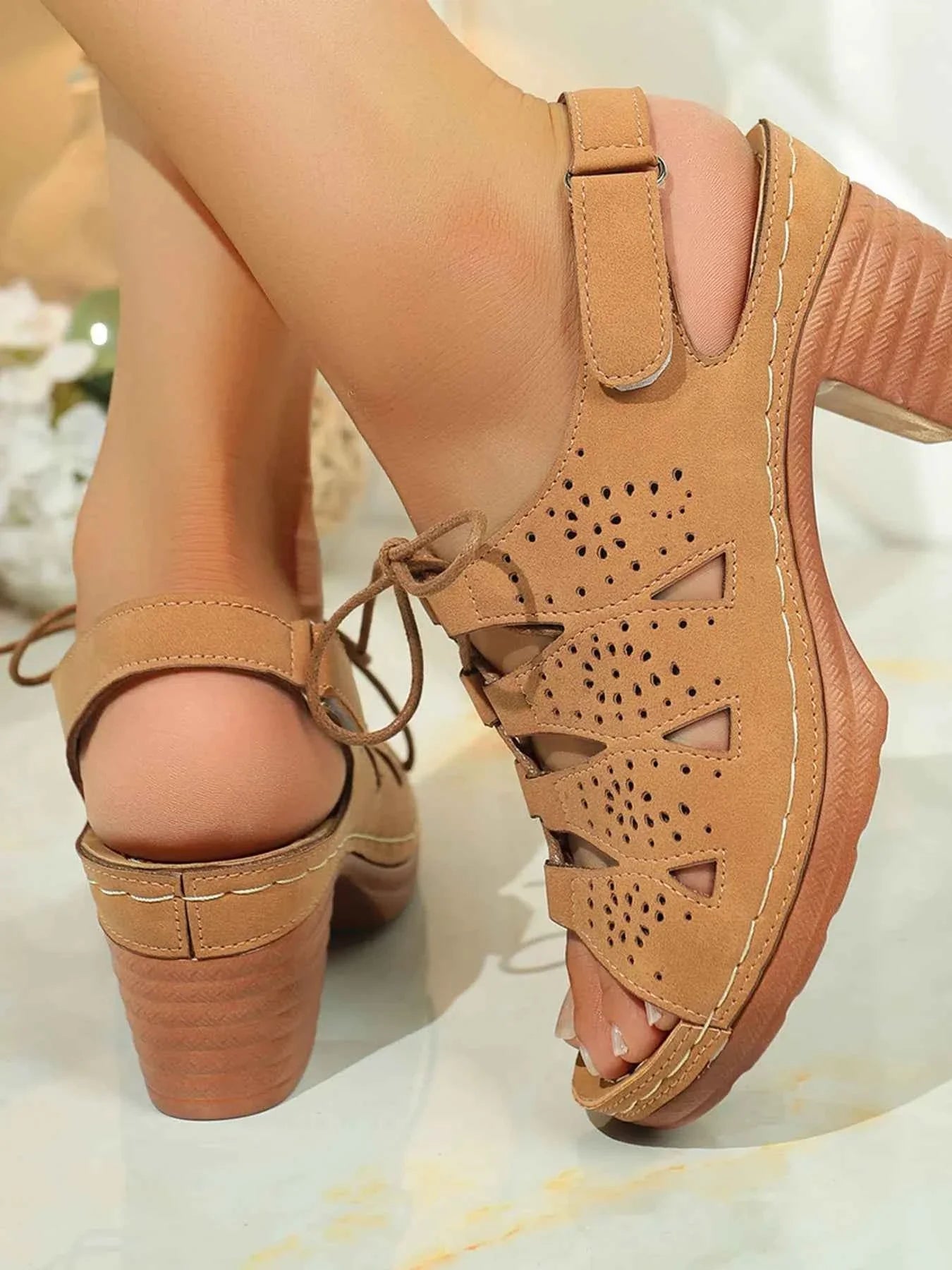 Elegant Block : Heel Sandals With Laces