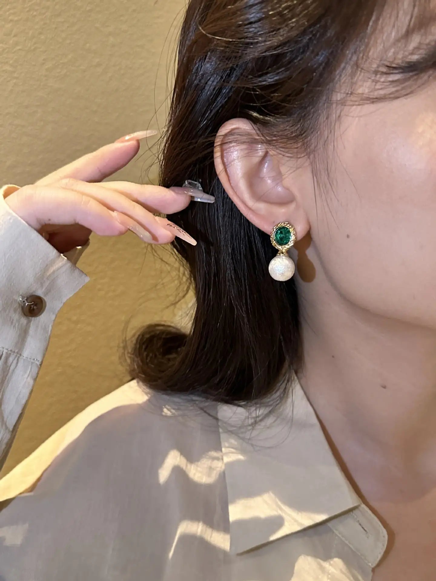 Emerald Rhinestone Pearl Stud Earrings For Women