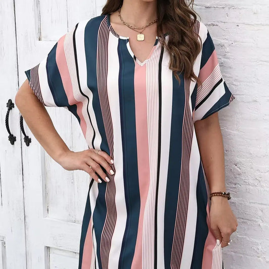 Ladies' Contrasting Striped Print Notch V-neck Short Casual Loose Dress