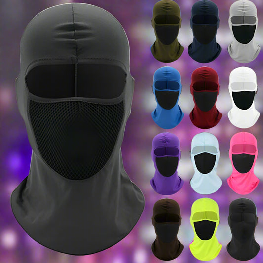 Black balaclava with mesh face opening displayed alongside multiple color options on a white background.