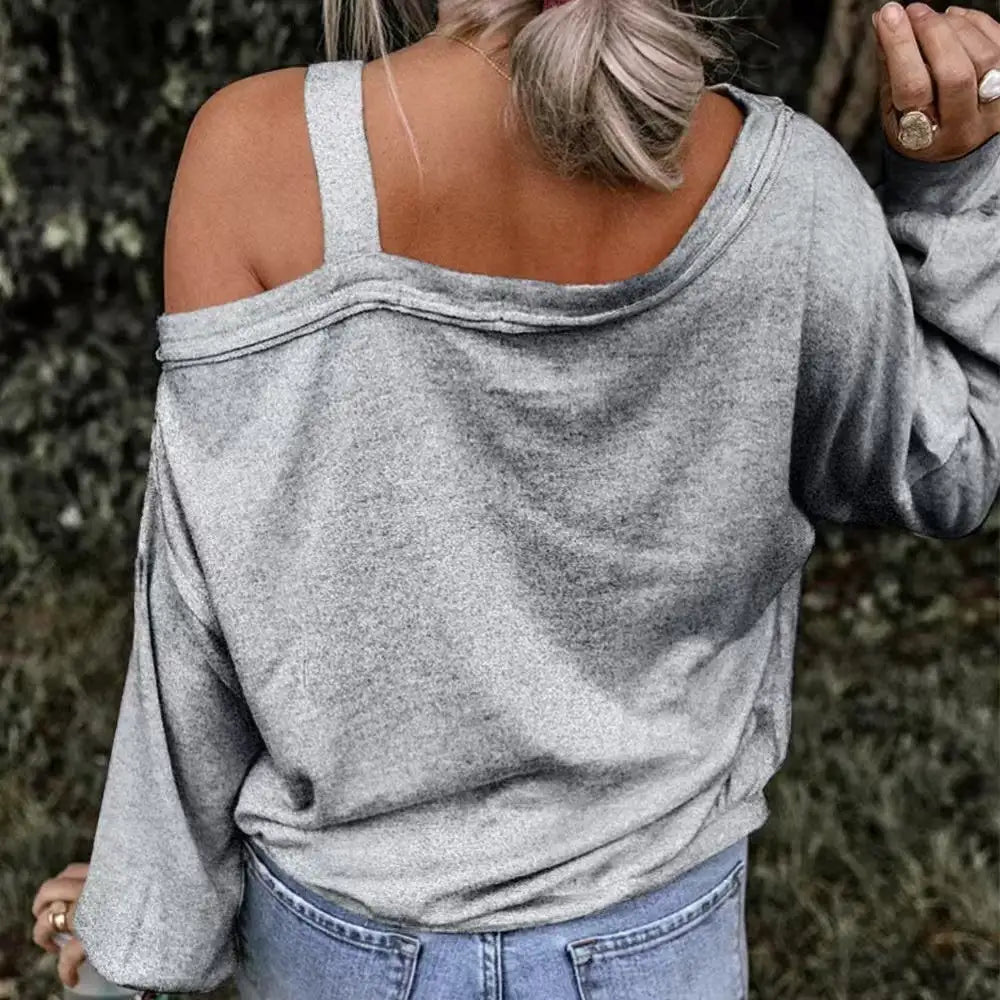 Ladies' Heart-shaped Cherry Blossom Graphic Print Asymmetric Dewdrop Shoulder Top Long Sleeved Shirt