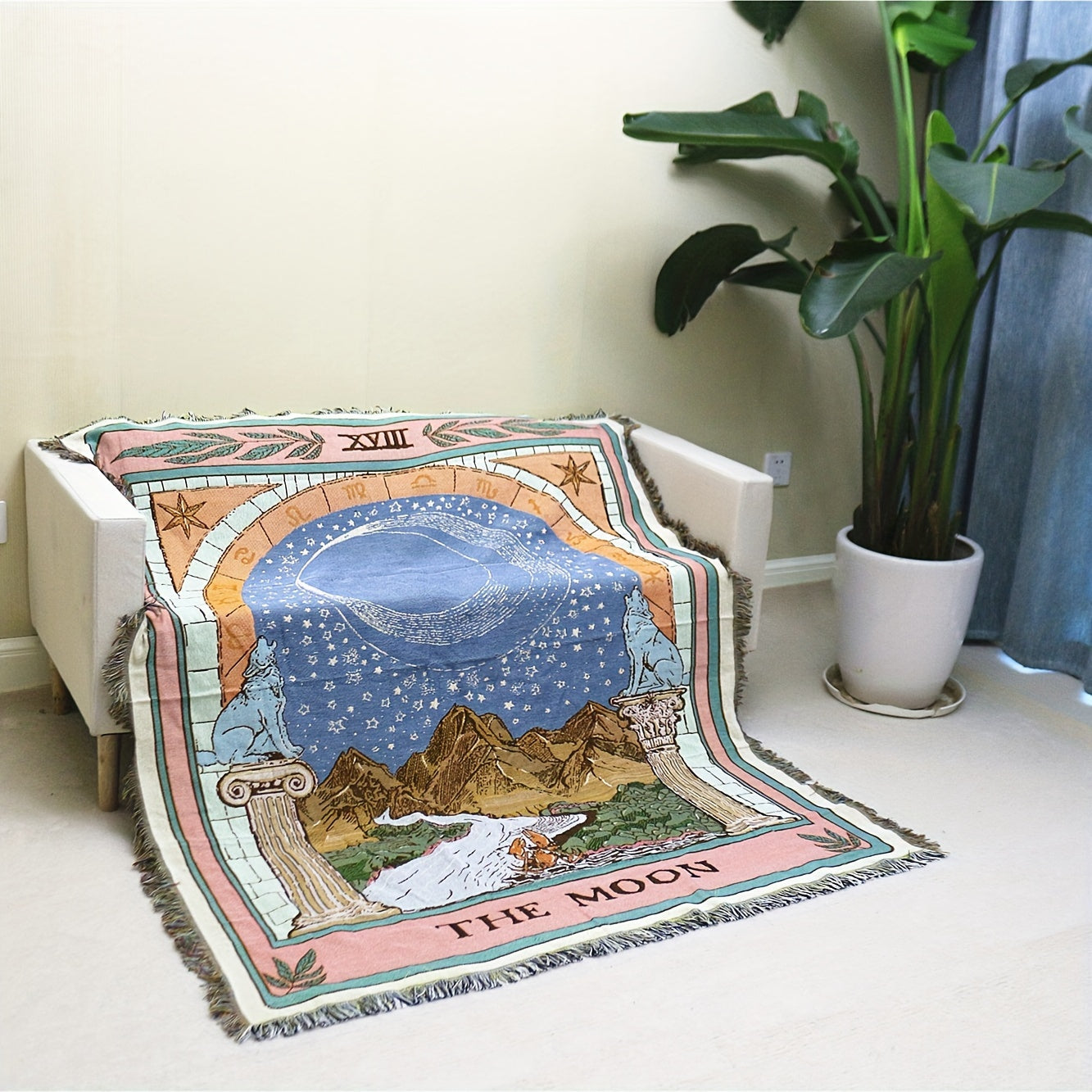 1pc Bohemian Knitted Tassel Blanket - Polyester Blend, Machine Washable, Square, Stain Resistant, Lightweight, Versatile for Indoor, Outdoor, Camping - The Moon Design Rug