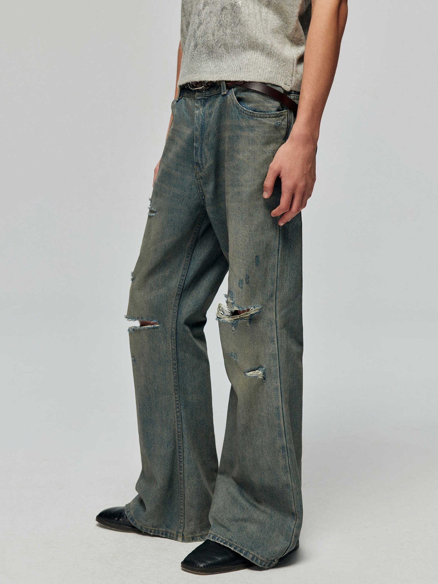 Cotton Retro Make Old Ripped Loose Micro-flared Trousers Jeans