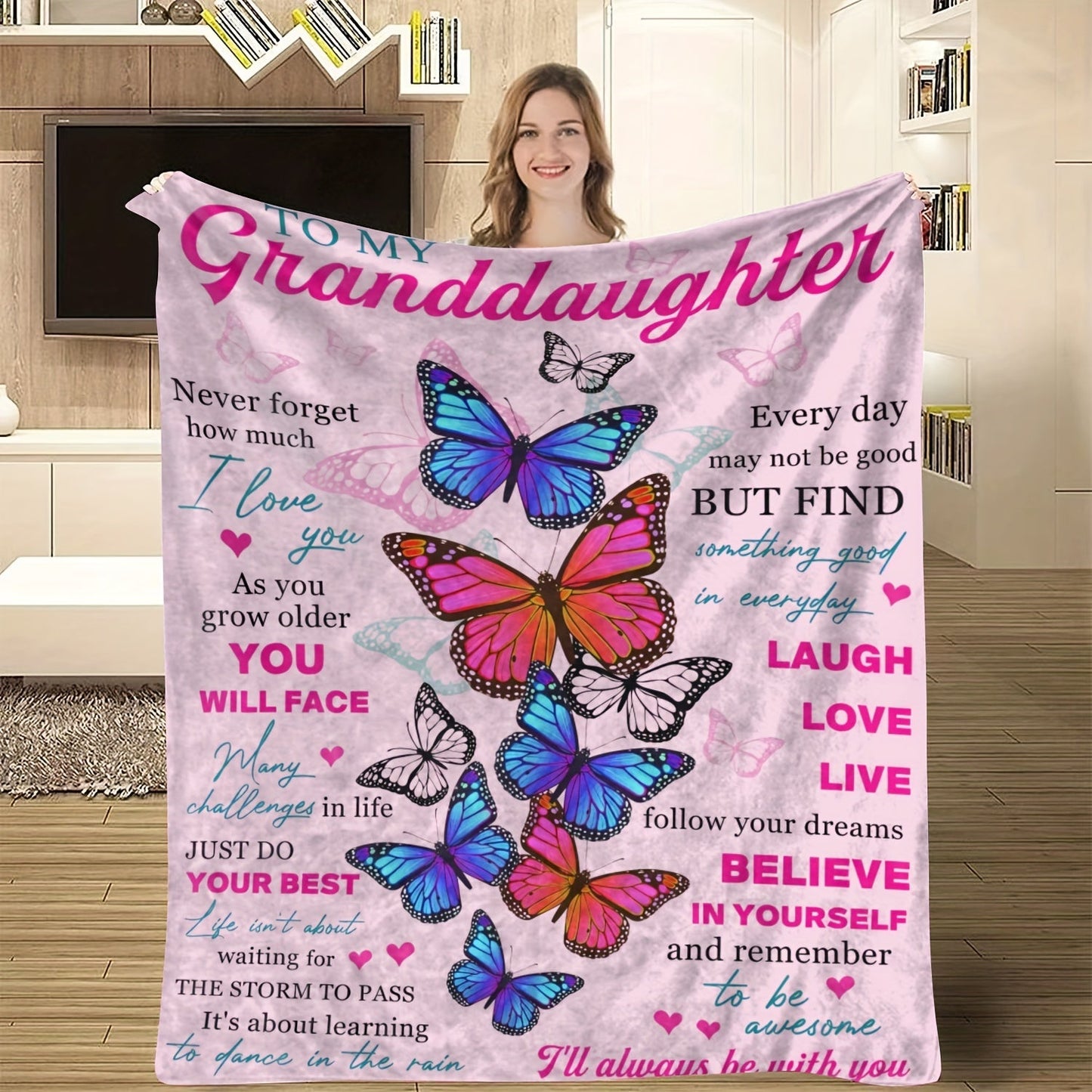 1pc Soft Flannel Butterfly Print Blanket, Warm Cozy Throw for Couch Bed Sofa, To My Granddaughter