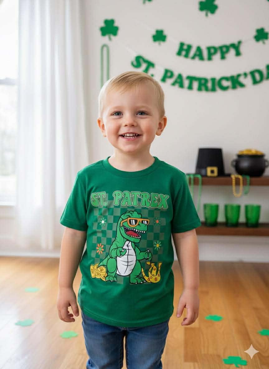 Boys’ Handmade “St. Patrex” Dino St. Patrick’s Day Shirt