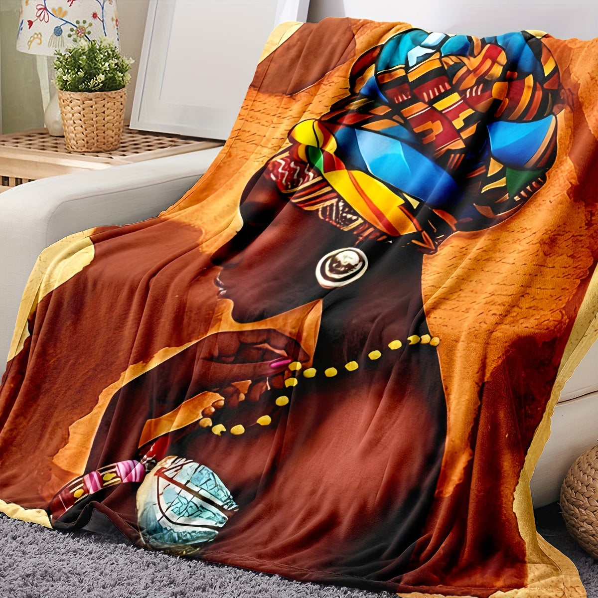 1pc Soft & Warm Flannel Blanket - Vibrant African Woman Pattern, Multi-Purpose Throw Blanket for Couch, Sofa, Office, Bed, Camping, Travel - Cozy Gift for All Seasons, Indoor and Outdoor Use