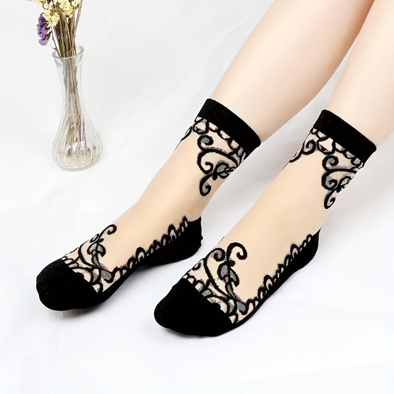 5 Pairs Embroidered Mesh Socks, Thin & Comfy Mid Tube Socks, Women's Stockings & Hosiery
